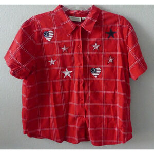 Lemon Grass Cotton Patriotic Button Front Women's Shirt Sz 2X Embroidered Patch